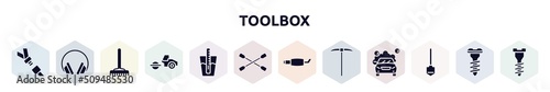 toolbox filled icons set. glyph icons such as seatbelt, ear protection, gardening rake, steamroller, tester, lug wrench, exhaust pipe, gardening digger, working shovel icon.