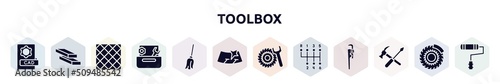 toolbox filled icons set. glyph icons such as cad, firewood trunks stacked, tile, wrench and nut, cleaning mop, windshield, tyre, gear stick, repair tools cross icon.
