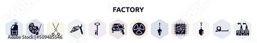 factory filled icons set. glyph icons such as jerrycan, pallete, shears, headlight, antique key, car painting, radiation, garden palette, gardening palette icon.