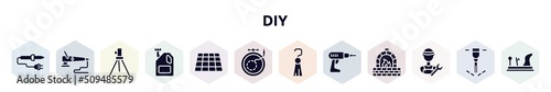 diy filled icons set. glyph icons such as soldering iron, polisher, geodetic, engine oil, tiles, embroidery, tassel, hand drill, plumber icon.