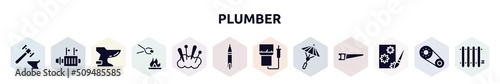 plumber filled icons set. glyph icons such as blacksmith, starter, bidet, furnace, cushion, voltage indicator, electric meter, japanese umbrella, decoupage icon.