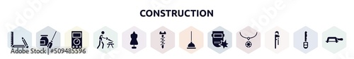 construction filled icons set. glyph icons such as drawing tool, turquoise, ammeter, carpenter, tailor, screws, plunger, weld, hand tool icon.