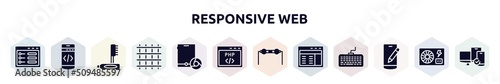 responsive web filled icons set. glyph icons such as ui de, mobile programming, teeth cleaning, big grid, tablet and browser, php code, resistance, web interface, edit smartphone icon.