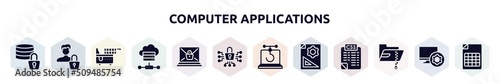 computer applications filled icons set. glyph icons such as data encryption, authentication, electric fryer, online server, ransomware, cyber security, phishing, prototyping, compressed file