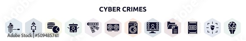 cyber crimes filled icons set. glyph icons such as stealing data, connectivity, database usage, cooker, color scheme, graphics card, electric appliances, wenibar, ssd icon.