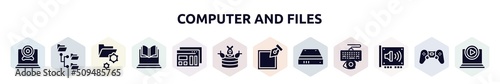 computer and files filled icons set. glyph icons such as webcamera, directory, folder management, online lesson, mockup de, ddos, edit tool, hard drive, sound card icon.