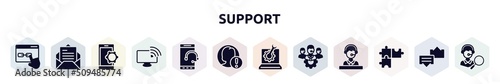 support filled icons set. glyph icons such as links, open envelope, smarphone tings, satellite tv, tablet telephone, end user problem, technical support line, technical support team, solving