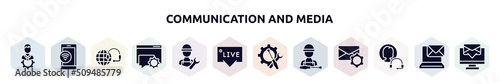 communication and media filled icons set. glyph icons such as technical specialist, wifi on phone, technical support, online help, repair expert, live chat support, support tools, supporting user,
