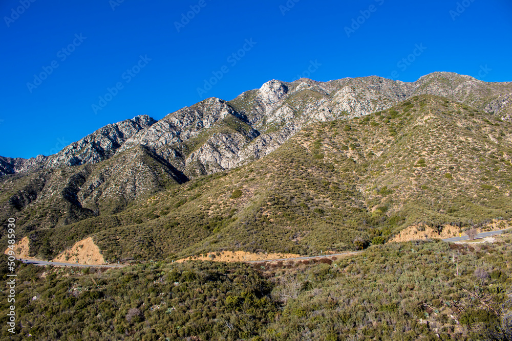 Rock-Covered Mountains Created by Fault Lines Stand Tall Behind the Angeles Crest Highway in Los Angeles, California, USA