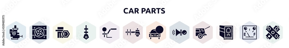 car parts filled icons set. glyph icons such as car choke, car fan, wheel nut, dipstick, towbar, sump, lock, horn, reversing light icon.