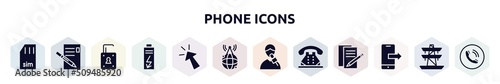 phone icons filled icons set. glyph icons such as simcard, write letter, unlocked, charge, mouse clicker, world wide internet, male reporter, telephone of old de, smartphone sending data