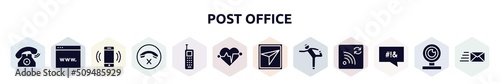post office filled icons set. glyph icons such as old telephone ringing, browser window, smartphone call, hang up, vintage mobile phone, heart rate, send message, stretching, swear icon.