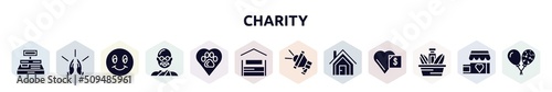 charity filled icons set. glyph icons such as cash box, praying, smiley face, , animal rights, shelter beds, loudspeaker, shelter, charity food icon.