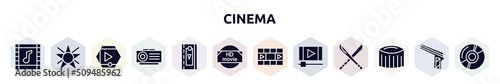 cinema filled icons set. glyph icons such as soundtrack, film star, movie player, slide projector, video clip, hd movie, photograms, footage, zoetrope icon.