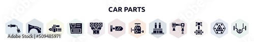 car parts filled icons set. glyph icons such as car wheel brace, car fender (us, canadian), starter, glove compartment, manifold, wing mirror, carburettor, distributor cap, connecting rod