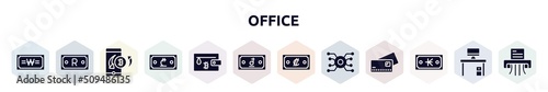 office filled icons set. glyph icons such as won, rand, mobile banking, lari, bitcoin wallet, dong, colon, circuit, kip icon.