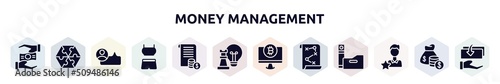 money management filled icons set. glyph icons such as crowdfunding, jigsaws, viral marketing, sport clothes, statement, strategic, computers, business plan, charismatic icon.