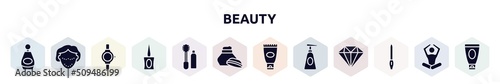 beauty filled icons set. glyph icons such as beauty perfume, botox, luxury watch, parfum bottle, flanges mascara, hand cream, sun protection, soap dispenser, nail file icon.