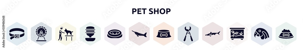 pet shop filled icons set. glyph icons such as dog leads, hamster wheel, dog and veterinarian, water replenisher, pet bed, big swordfish, dog dish, pet trimmer, terraraium icon. pet shop filled icons set. glyph icons such as dog leads, hamster wheel, dog and veterinarian, water replenisher, pet bed, big swordfish, dog dish, pet trimmer, terraraium icon.
