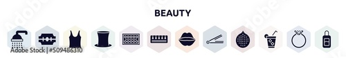 beauty filled icons set. glyph icons such as bathing, razorblade, tank top, tall hat, paints, toe separator, kiss, hair iron, ice tea icon.