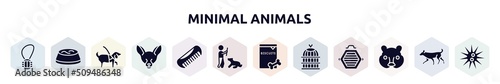 minimal animals filled icons set. glyph icons such as rope toy, water bowl, guide dog, fennec fox head, pet comb, man dog and stick, biscuits, bird cage, hedgehog head icon.