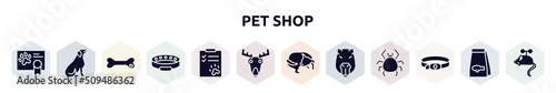 pet shop filled icons set. glyph icons such as health certificate, dog seating, dog toy, cat collar, dog health list, moose head, chasing tail, capybara head, collar icon.