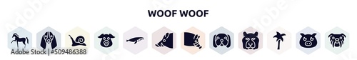 woof woof filled icons set. glyph icons such as horse with leg up, bas hound dog head, snail going left, pig head, whale swimming, boar head, hog dog with chubby cheeks, plain palm tree