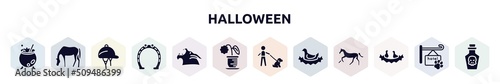 halloween filled icons set. glyph icons such as cauldron, horse grazing, hat for a jockey, horseshoe tool, werewolf, flower pot, dog with owner, bird in nest, birds in nest icon.