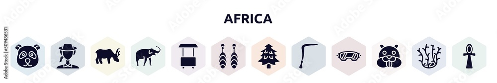 africa filled icons set. glyph icons such as panda, biologist, moose, safari, food cart, earrings, pine tree, scythe, beaver icon.