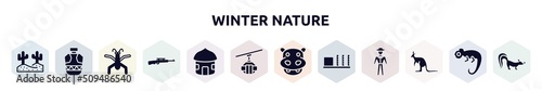 winter nature filled icons set. glyph icons such as desert, canteen, gerridae, rifle, hut, cable car cabin, hippopotamus, apartheid museum, kangaroo icon.