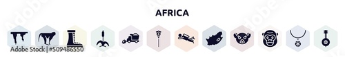 africa filled icons set. glyph icons such as icicle, monkeys, boot, cattail, snowplow, street light, diving, south africa, gorilla icon.
