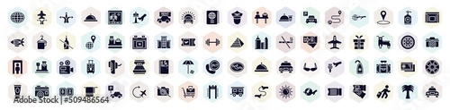 holidays filled icons set. glyph icons such as earth globe, directions arrows, car in front of the sun, parking hotel, baggage on conveyor band, birthday gift, prayer room, beach postcard, airport