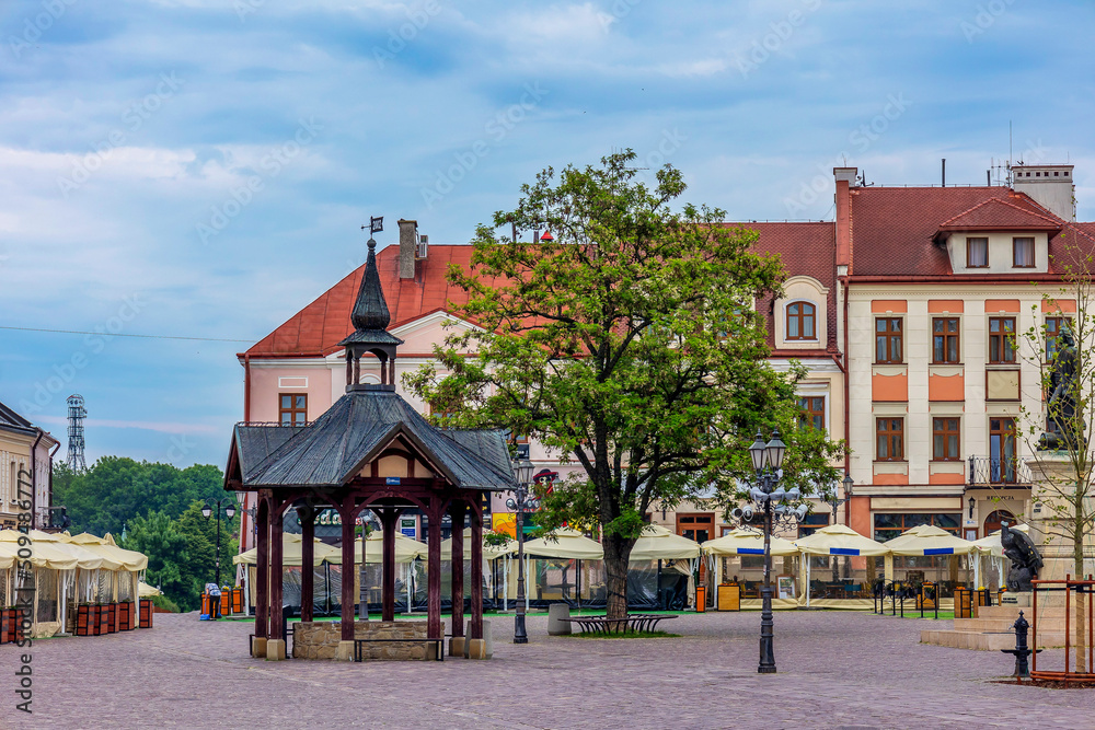 The municipal market in Rzeszów - Poland. Church of St. Adalbert and St. Stanislaus and city streets of Rzeszow - Poland