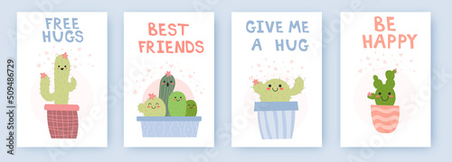 Cute cacti cards. Funny prickly plants cartoon characters, mexican symbol, blooming and hanging succulents and cactuses, pretty faces and hats, decorative pots, vector EPS