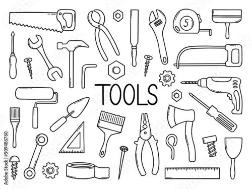 Hand drawn set of construction tools doodle Different working and building tools in sketch style. Saw, hammer, wrench, screw, drill. Vector illustration isolated on white background.
