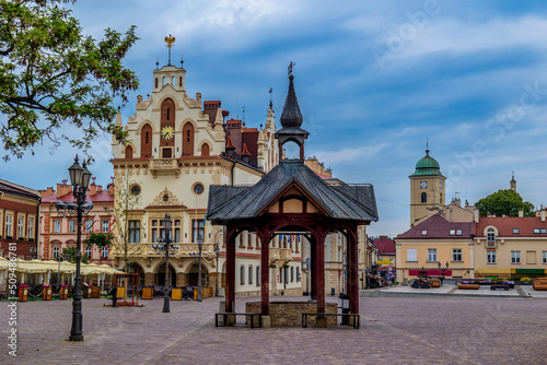 The municipal market in Rzeszów - Poland. Church of St. Adalbert and St. Stanislaus and city streets of Rzeszow - Poland