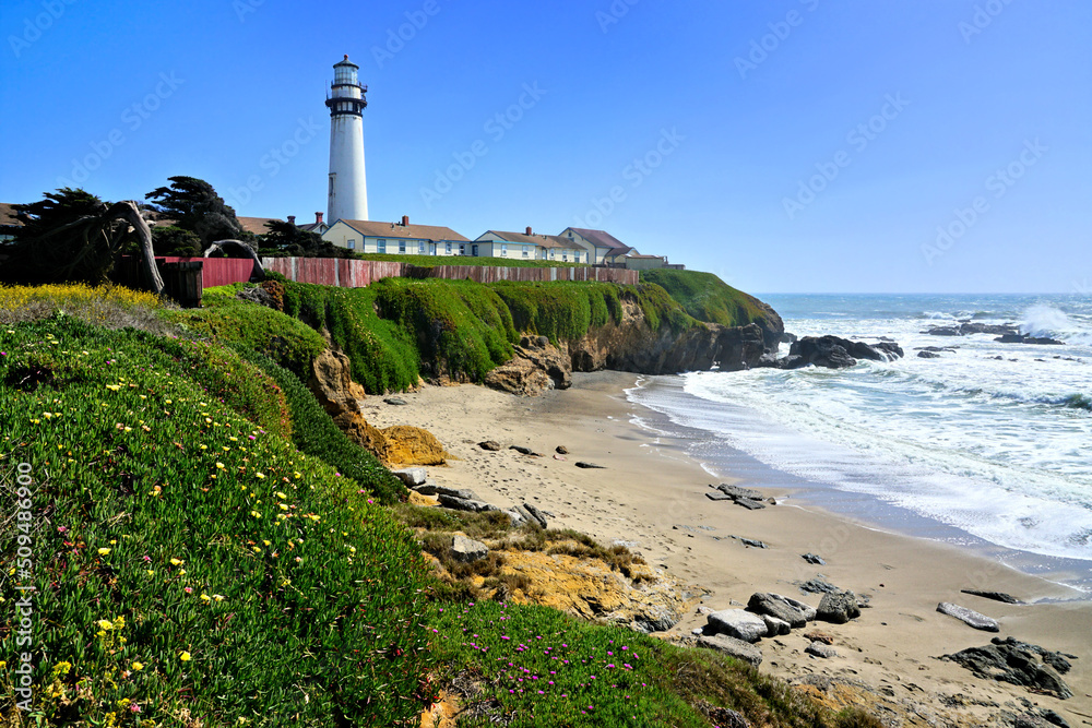 Pigeon Point Lighthouse along the sandy shores of California, USA