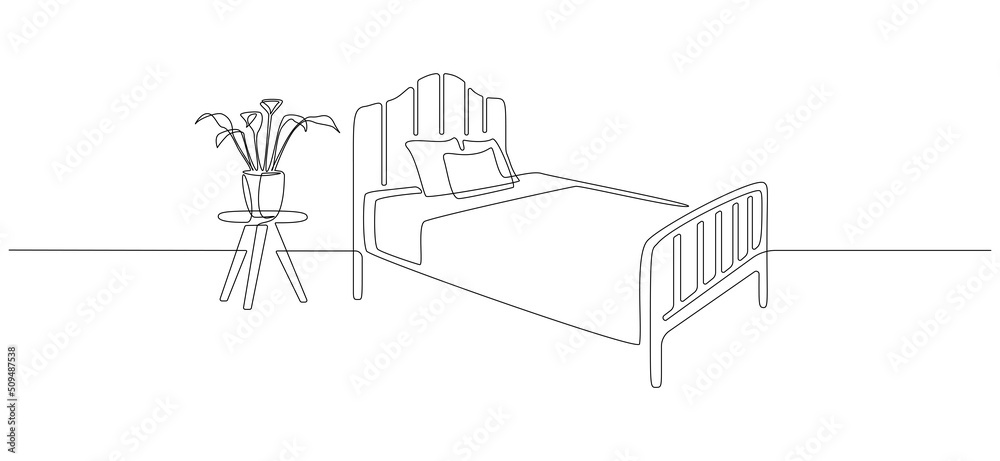 Continuous one line drawing of bed and table with potted plant. Scandinavian stylish furniture for cozy sleeping bedroom in simple linear style. Editable stroke. Doodle vector illustration