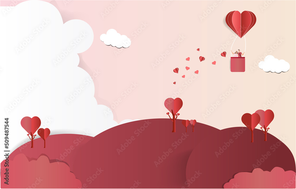 Cute couple in love hugging, and standing inside a basket of an air balloon, traveling in the world paper art style vector illustration.