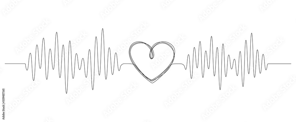 One continuous line drawing of doodle heart with pulse. Sound wave romantic symbol in simple linear style. Divider shape with Editable stroke. Scribble heartbeat vector illustration