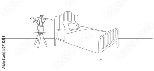 Continuous one line drawing of bed and table with potted plant. Scandinavian stylish furniture for cozy sleeping bedroom in simple linear style. Editable stroke. Doodle vector illustration