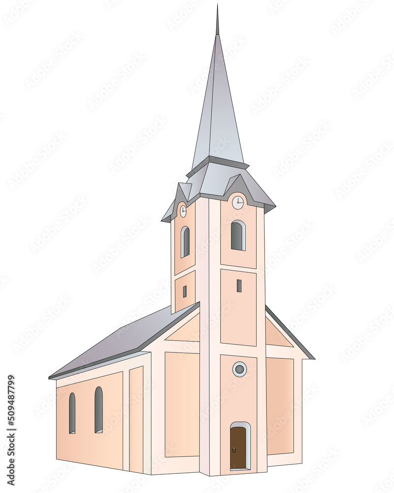 The building of the catholic church or city hall - vector full color picture with a vintage building with a tower. Temple or other building