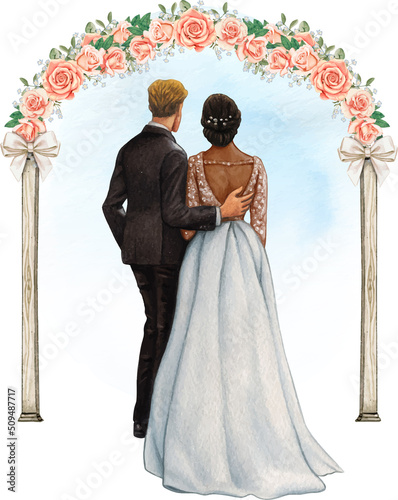 Watercolor wedding couple embracing under wedding rose arch
