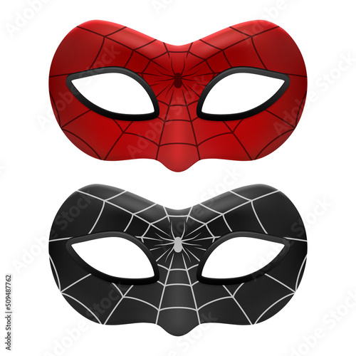 Vector 3d Reaistic Superhero Spider Mask Icon Set Isolated. Vector. Super Hero Face Carnival Red and Black Mask with Spider Web and Spider Closeup. Halloween, Party Concept