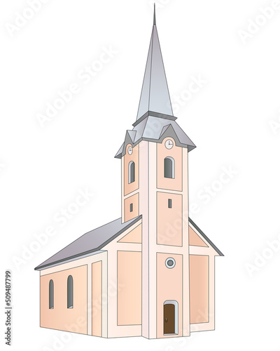 The building of the catholic church or city hall - vector full color picture with a vintage building with a tower. Temple or other building