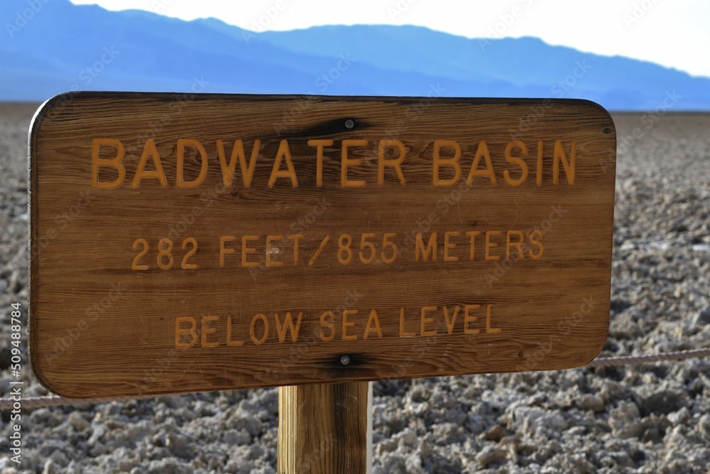 Sign for Badwater Basin at Death Valley National Park in California the lowest elevation in the Western Hemisphere