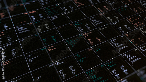 Cells with digital data. Animation. Spreadsheet with digital dates arranged in cells on dark background. Generated digital data in cells
