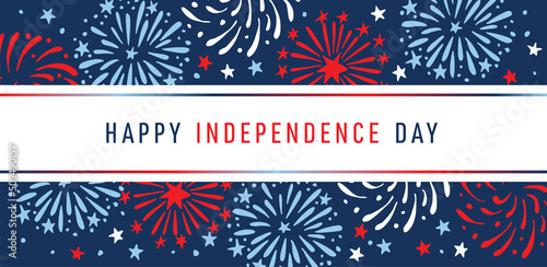 Happy Independence day, 4th July national holiday. Festive greeting card, invitation. Hand drawn fireworks in USA flag colors. Blue vector illustration background, web banner. Memorial, labor day.