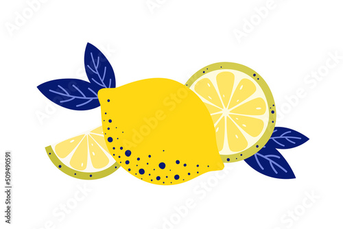 Lemon fruits. Whole and sliced fruits in cartoon style. Flat illustration.