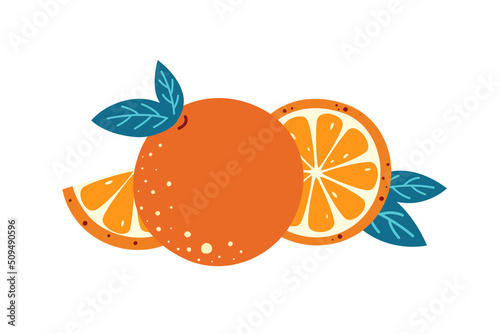 Orange, whole and sliced fruit.